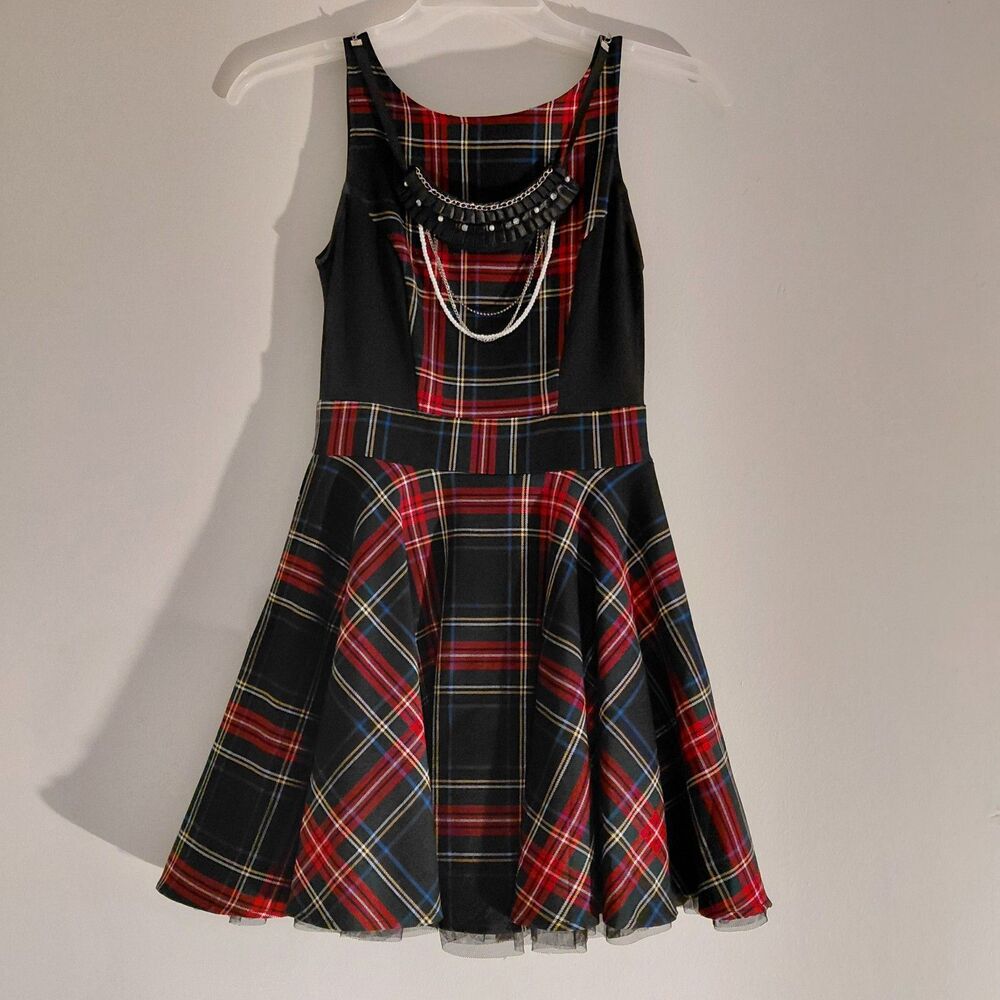 Black Red Tartan Plaid Skater Dress Size 0 Goth Grunge Alt Corset Style Punk